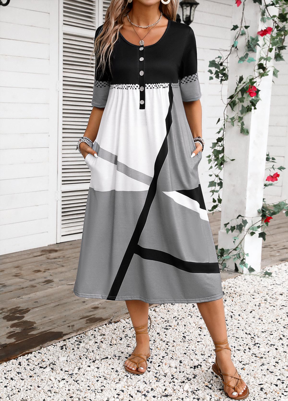 Dark Grey Button Geometric Print Half Sleeve Dress