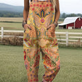 Women's  Vintage Flower Art Print Casual 100% Cotton Wide Leg Jumpsuit