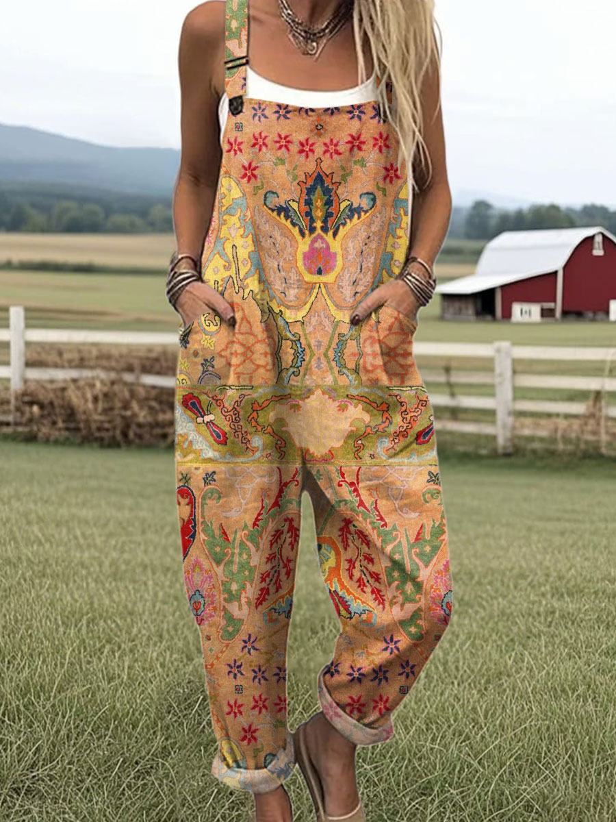 Women's  Vintage Flower Art Print Casual 100% Cotton Wide Leg Jumpsuit