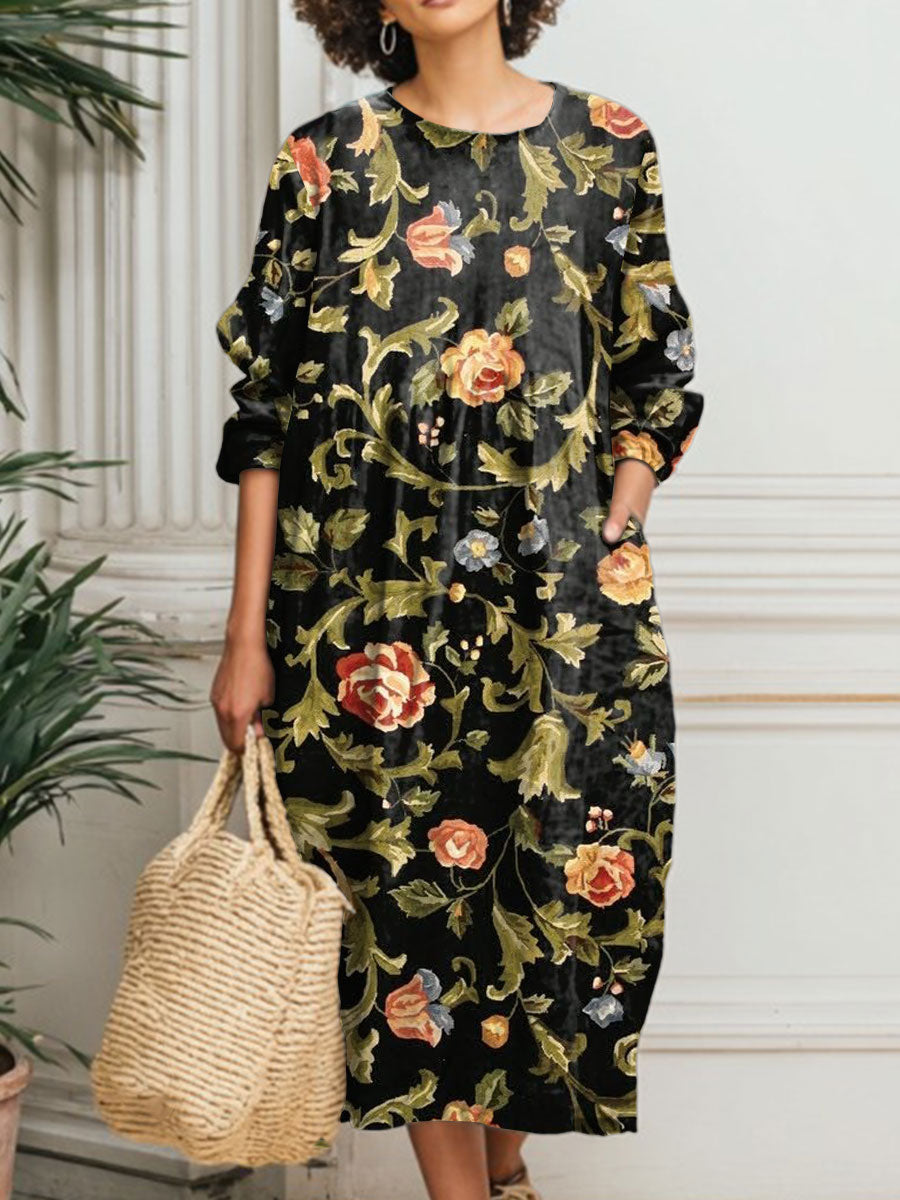 Women's Vintage Flower Art Print Pocket Cotton Dress