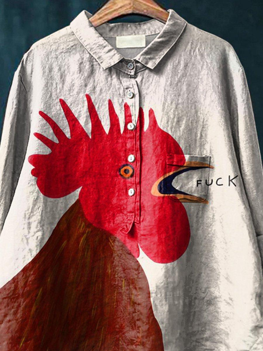 Funny Rooster Graphic Printed Women's Casual Cotton And Linen Shirt