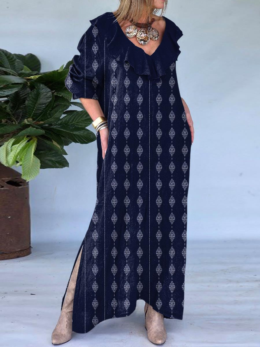 Women's Ruffled V-neck Geometric Print Long Sleeve Casual Cotton and Linen Dress