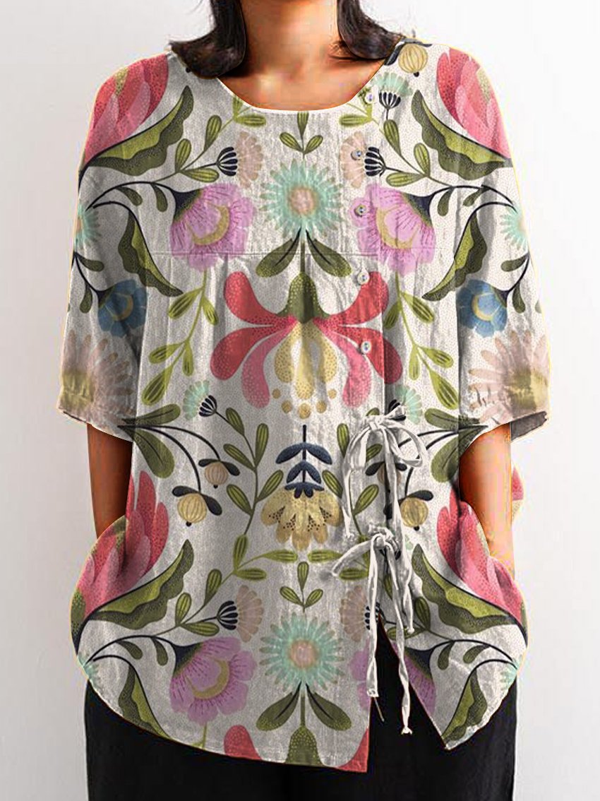 Women's Flowers and Flowers Print Casual Cotton And Linen Shirt