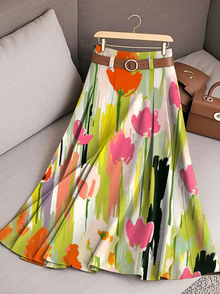 Women's Vintage Flower  Art Print Cotton Skirt