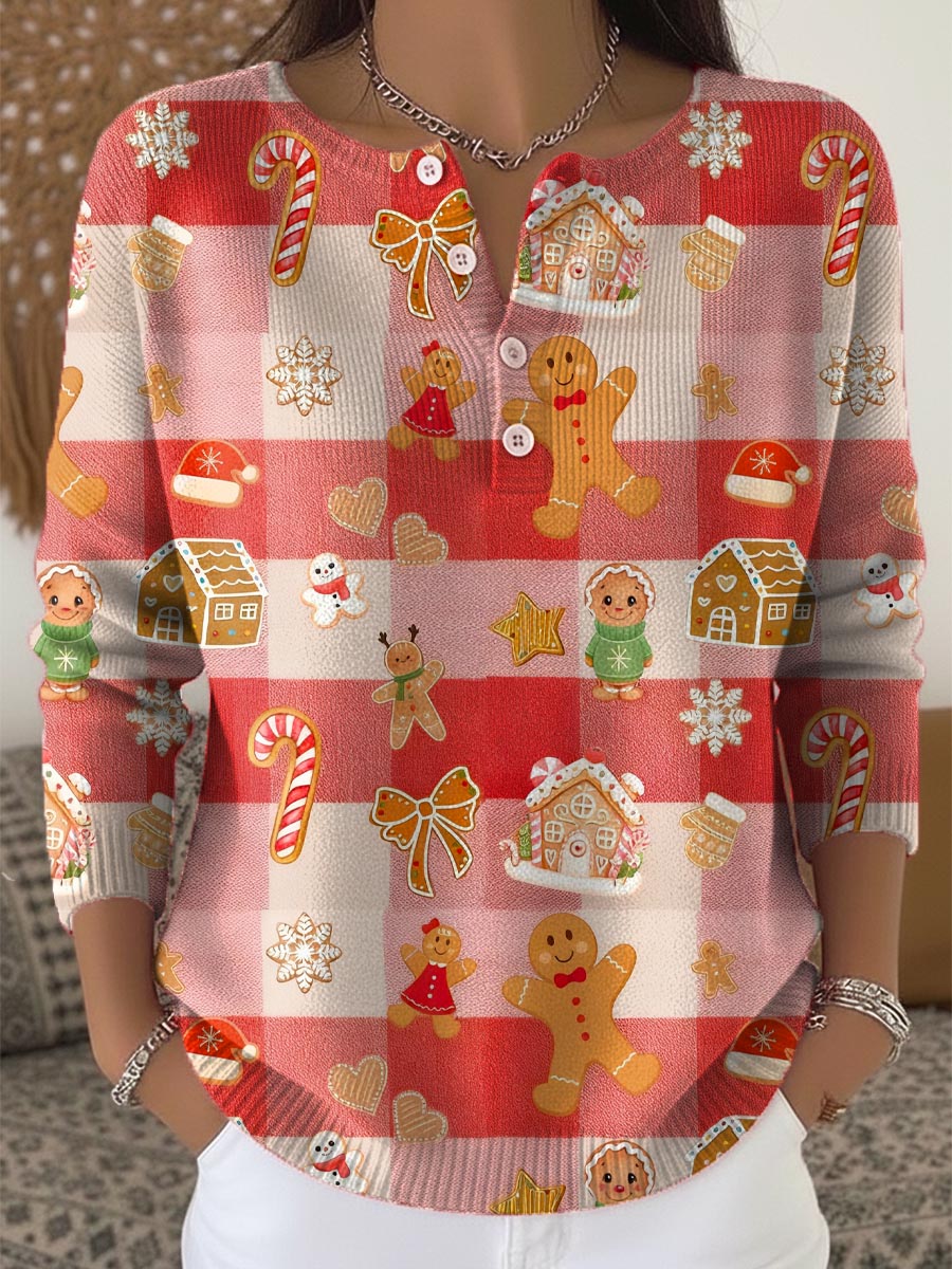 Women's Christmas Gingerbread Art Print Buttoned Cardigan Sweater