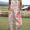 Women's  Vintage Flower Chick Art Print Casual 100% Cotton Wide Leg Jumpsuit