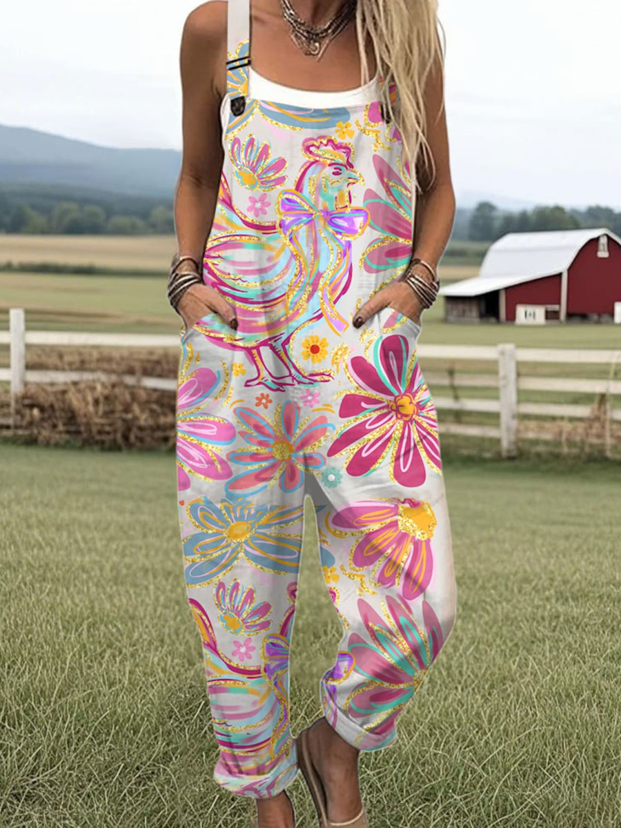 Women's  Vintage Flower Chick Art Print Casual 100% Cotton Wide Leg Jumpsuit