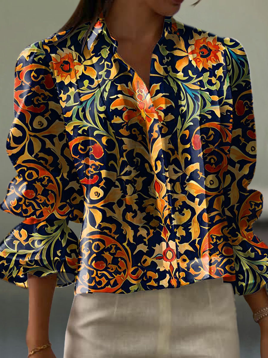 Women's  Vintage Flower Art Print Casual  Cotton And Linen Shirt