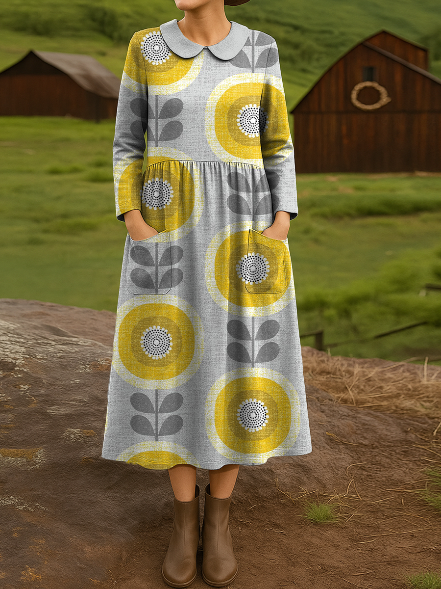 Women's Retro Flowers Pattern Art Print Cotton Lapel Button-Down Shirt Dress