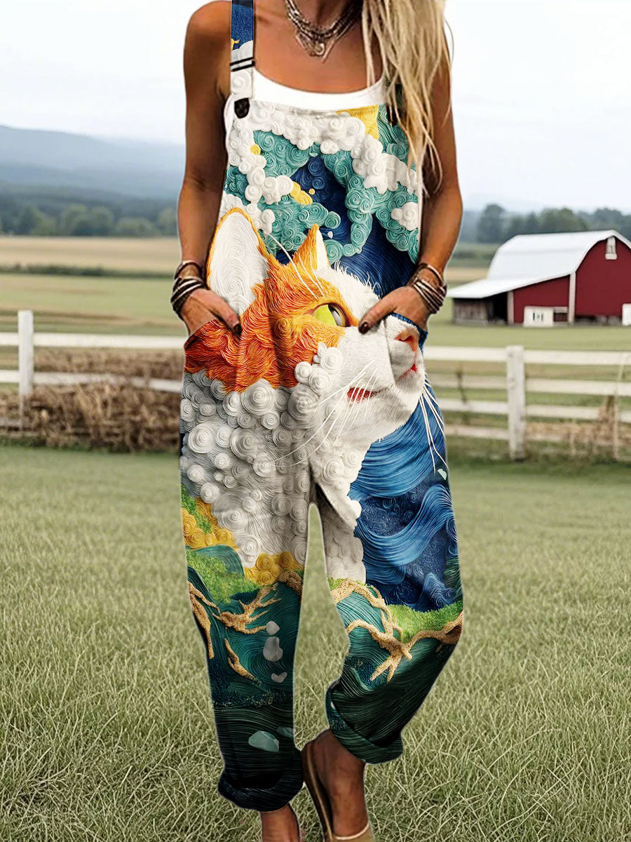 Women's Vintage Abstract Cat Art Print Casual 100% Cotton Wide Leg Jumpsuit