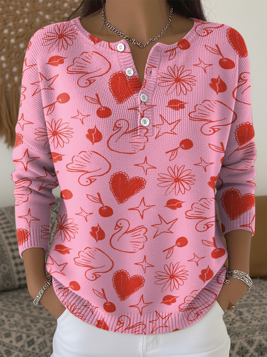 Valentine's Day Swan And Heart Decorative Pattern Casual Cardigan Collar Long Sleeve Sweater
