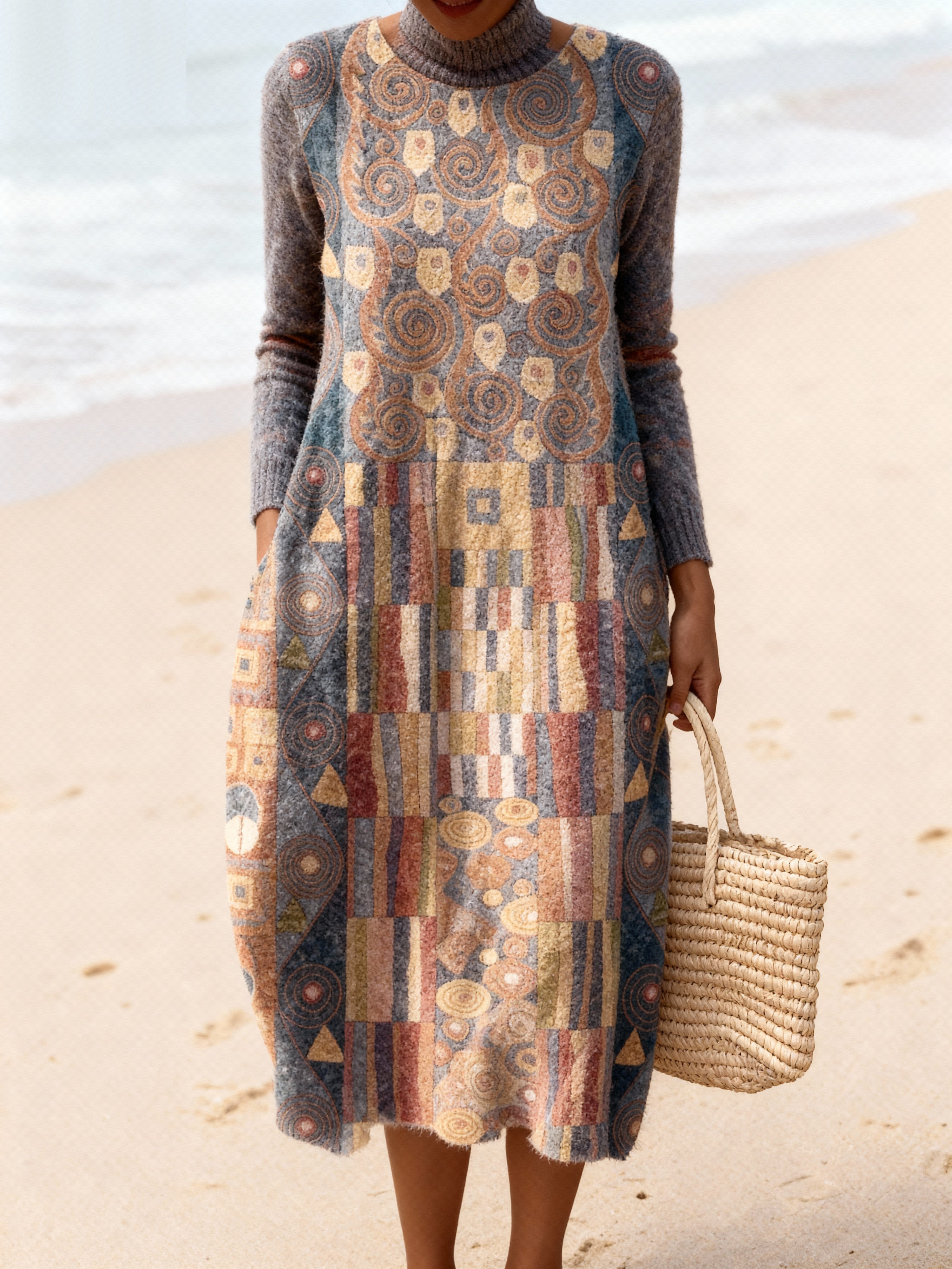 Women's Geometric Art Print Casual Cotton Sweater Dress