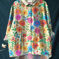 Women's Simple Rainbow Floral Pattern Art Print Casual Cotton And Linen Ruffle Shirt