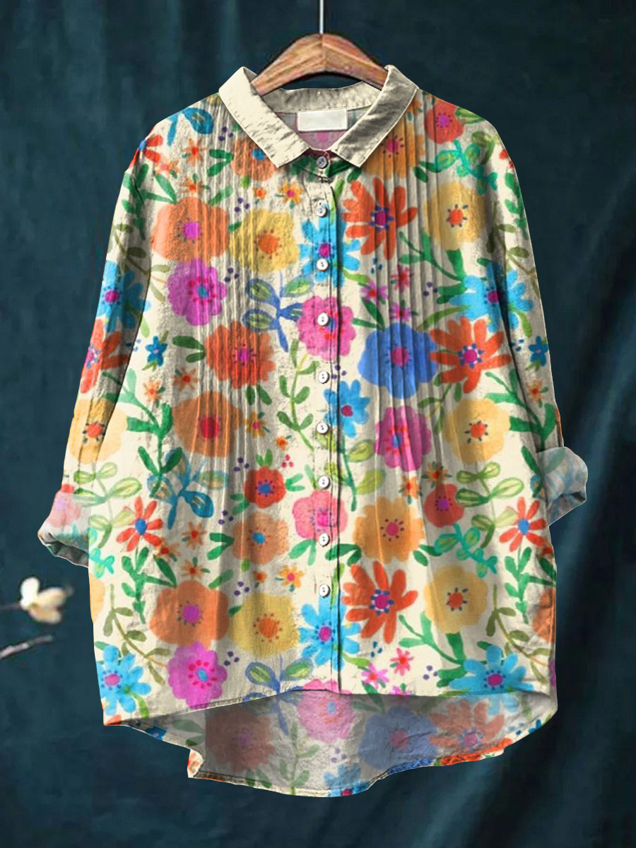 Women's Simple Rainbow Floral Pattern Art Print Casual Cotton And Linen Ruffle Shirt