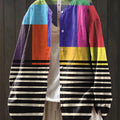 Women's Abstract Multicolor Geometric Stripes Painting Art Print Casual Cotton And Linen Shirt
