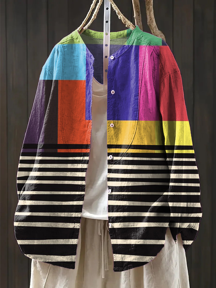 Women's Abstract Multicolor Geometric Stripes Painting Art Print Casual Cotton And Linen Shirt