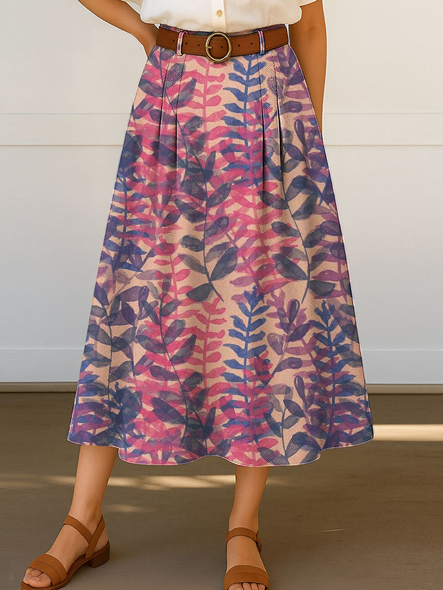 Women's Retro Floral Flowers Print High Waist Casual A-Line Skirt