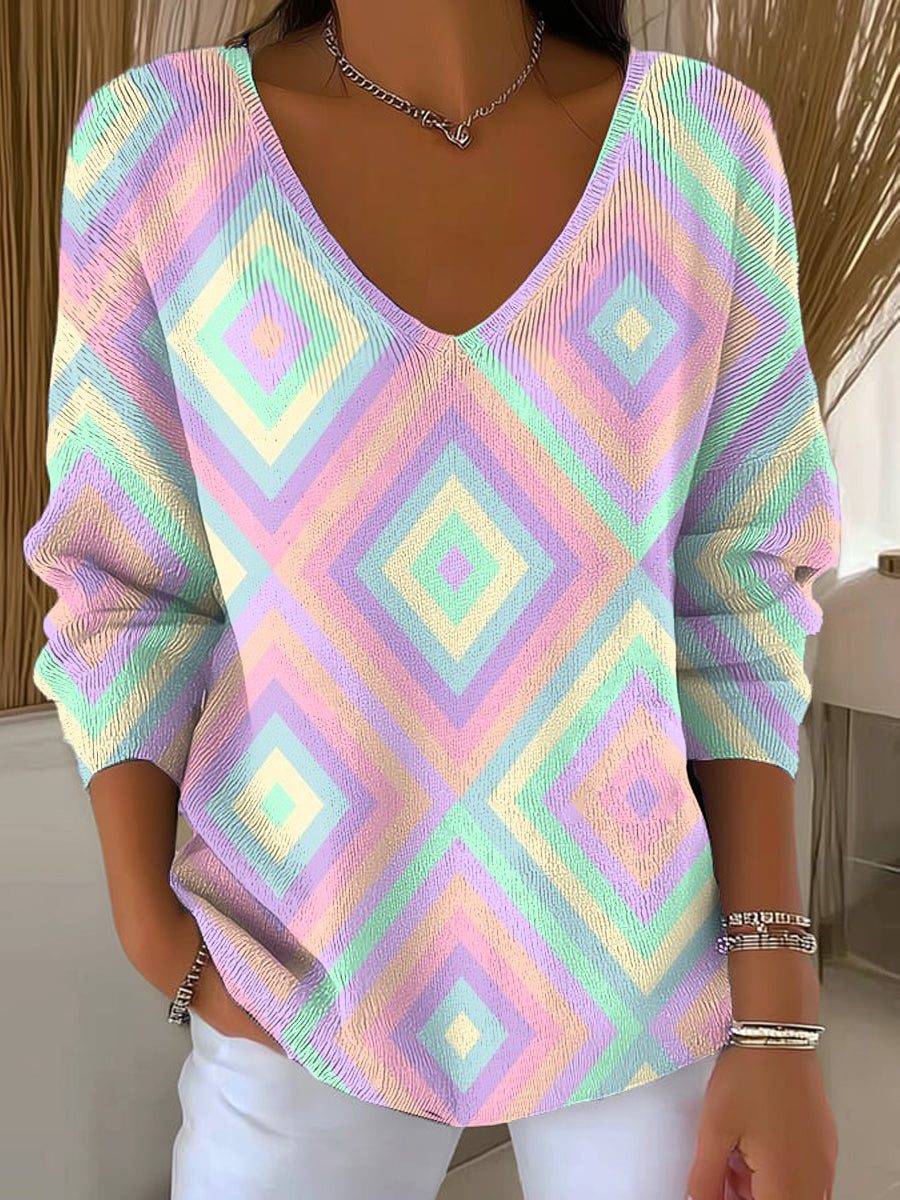 womens-colorful-diamond-geometric-painting-art-print-casual-pullover-sweater