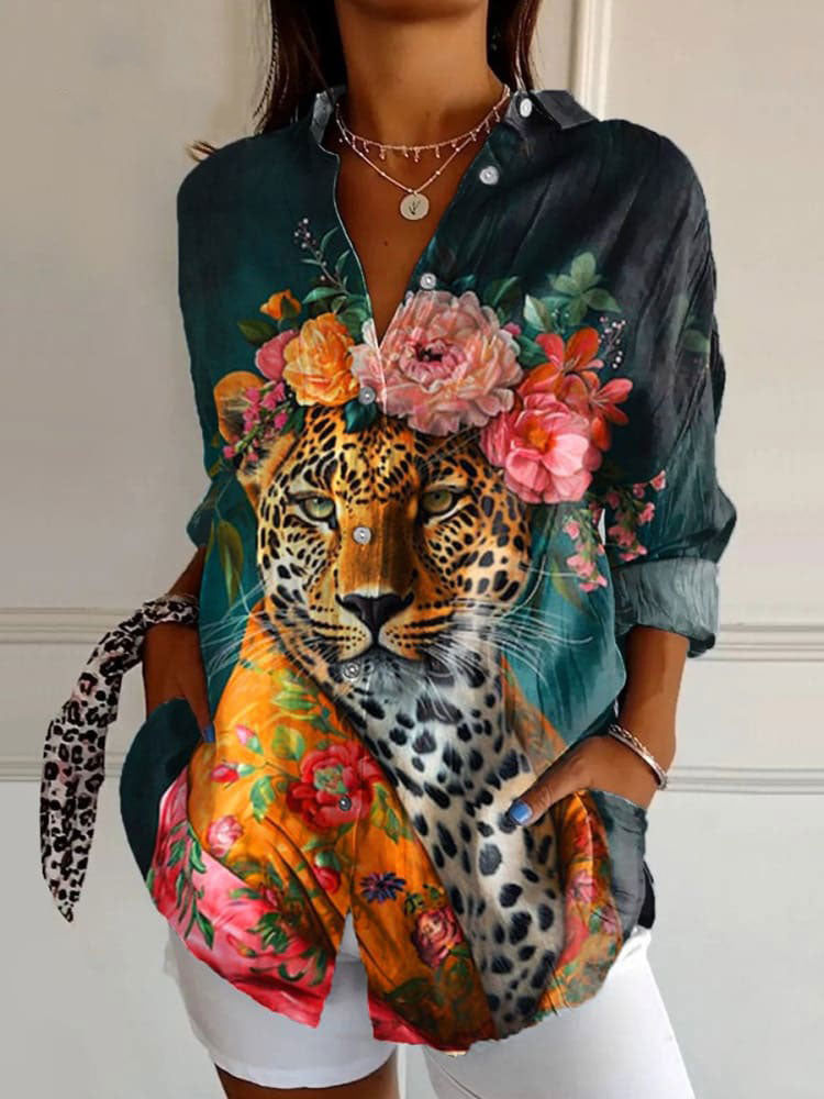 Women's   Leopard  Art Print Casual Cotton Shirt