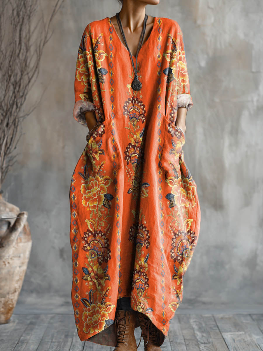 Women's Vintage Floral Art Pattern Print Pocket V-neck Cotton Dress