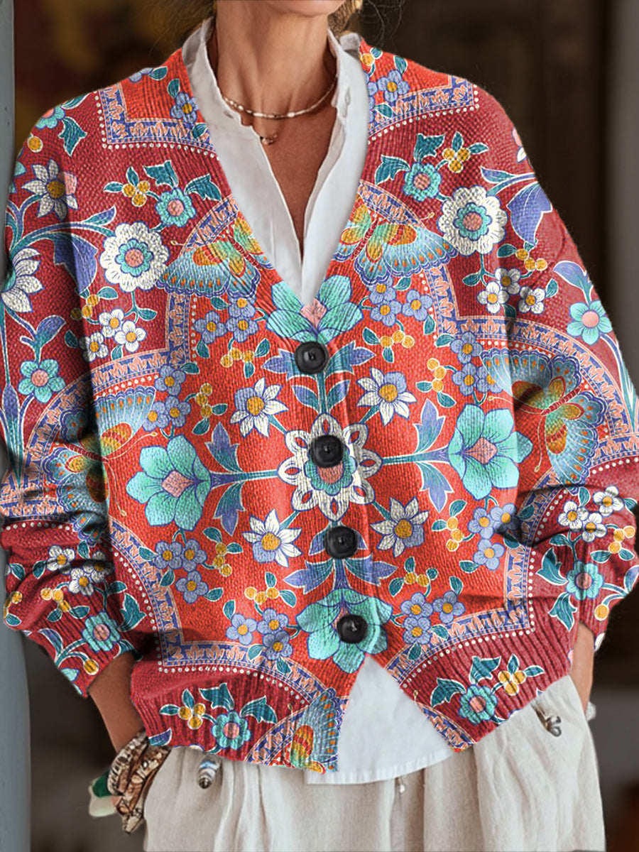 vintage-beautiful-ethnic-floral-painting-art-print-buttoned-v-neck-cardigan-sweater