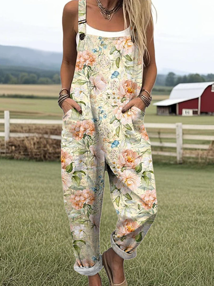 Women's Vintage Floral Art Print Casual 100% Cotton Wide Leg Jumpsuit