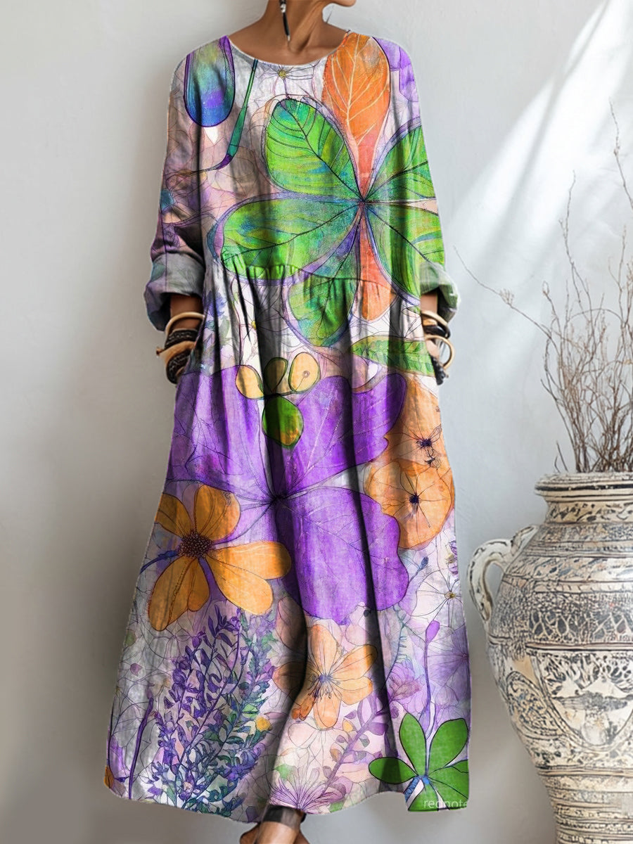 Women's Beautiful Colorful Abstract Floral Painting Art Print Pocket Cotton Dress