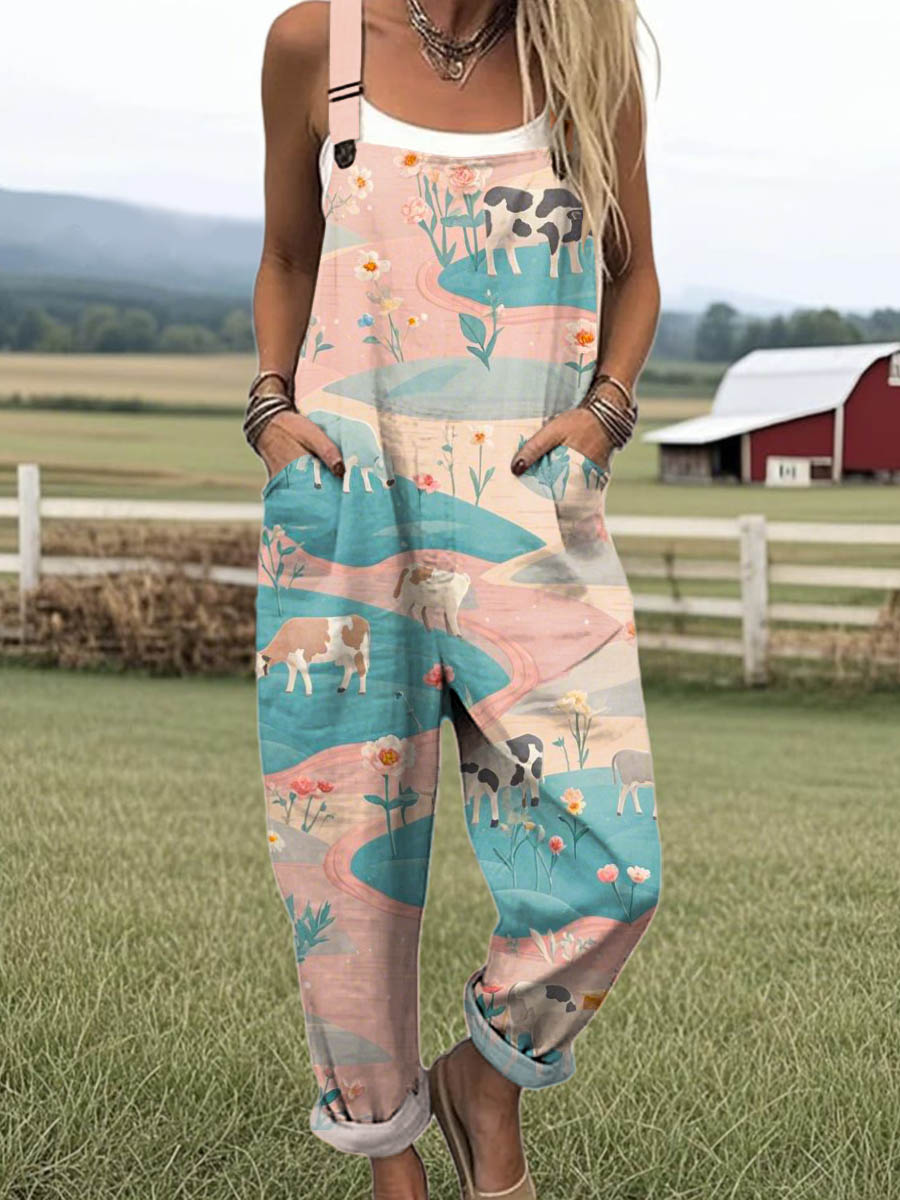 Women's Lovely Cow Pattern Art Print Casual 100% Cotton Wide Leg Jumpsuit