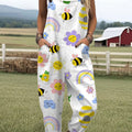 Women's Funny  Bee Art Print Casual 100% Cotton Wide Leg Jumpsuit