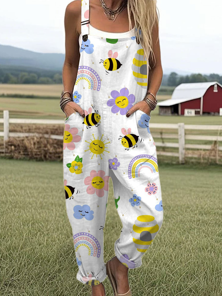 Women's Funny  Bee Art Print Casual 100% Cotton Wide Leg Jumpsuit
