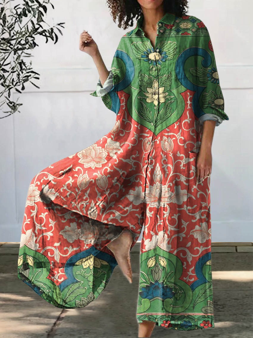 Women's Vintage Lovely Floral Pattern Art Print Casual 100% Cotton Wide Leg Jumpsuit