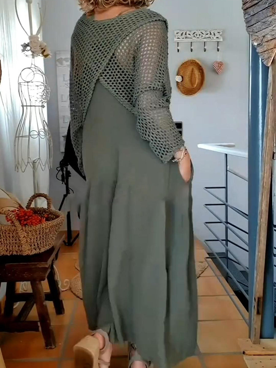 Women's Grid Knit Top Linen Dress Two-Piece Set