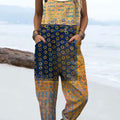 Women's  Vintage Abstract Geometric Art Print Casual 100% Cotton Wide Leg Jumpsuit