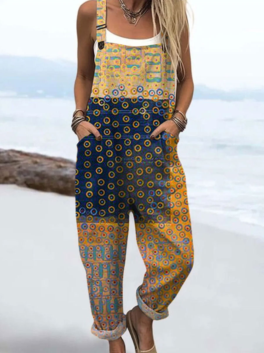 Women's  Vintage Abstract Geometric Art Print Casual 100% Cotton Wide Leg Jumpsuit