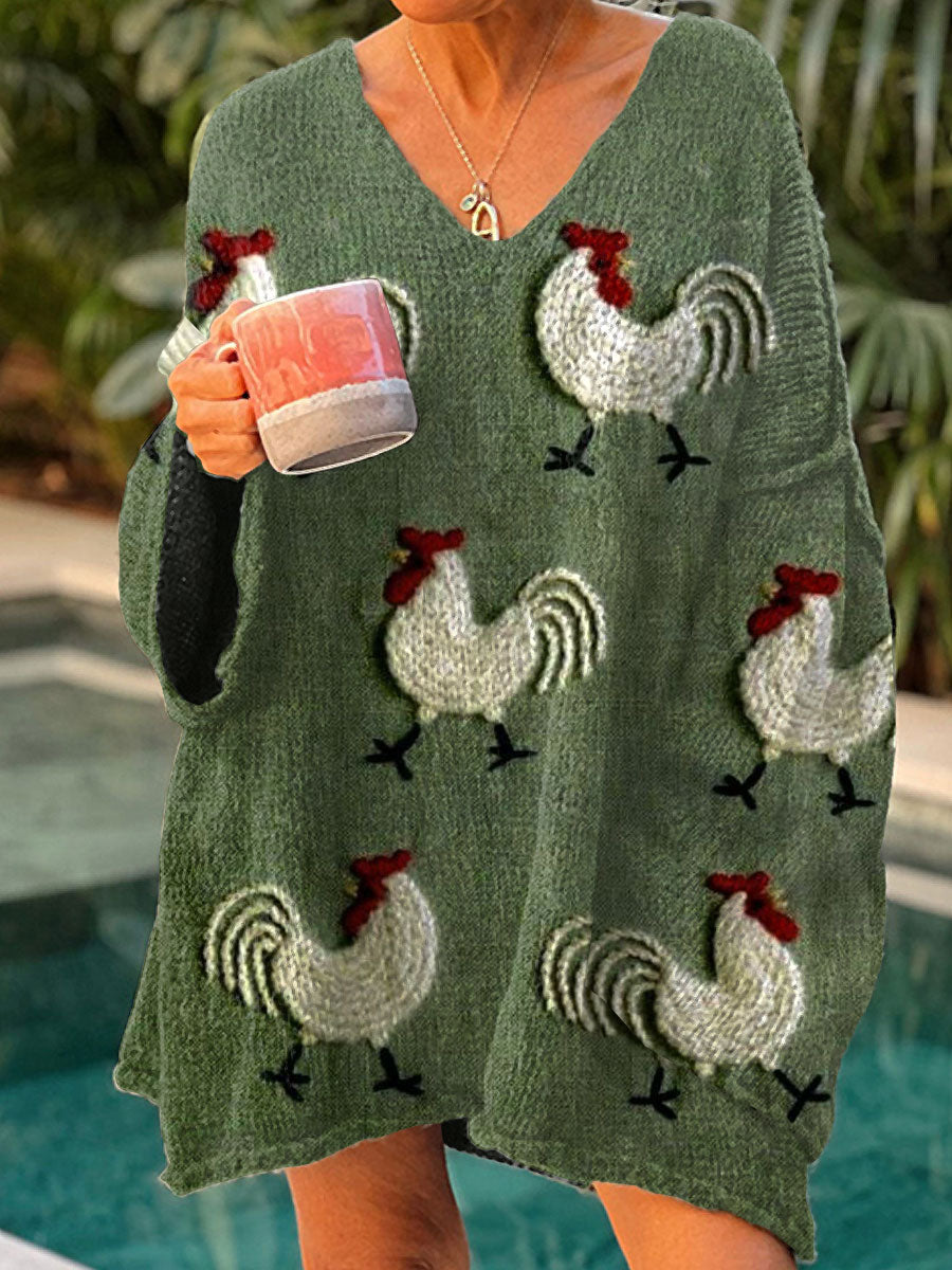 womens-funny-chicken-art-print-casual-pullover-sweater-bift