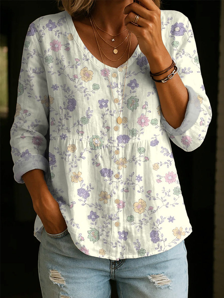 Artistic Floral Print Cotton Shirt-Women's Elegant, Casual, Soft Cotton Top