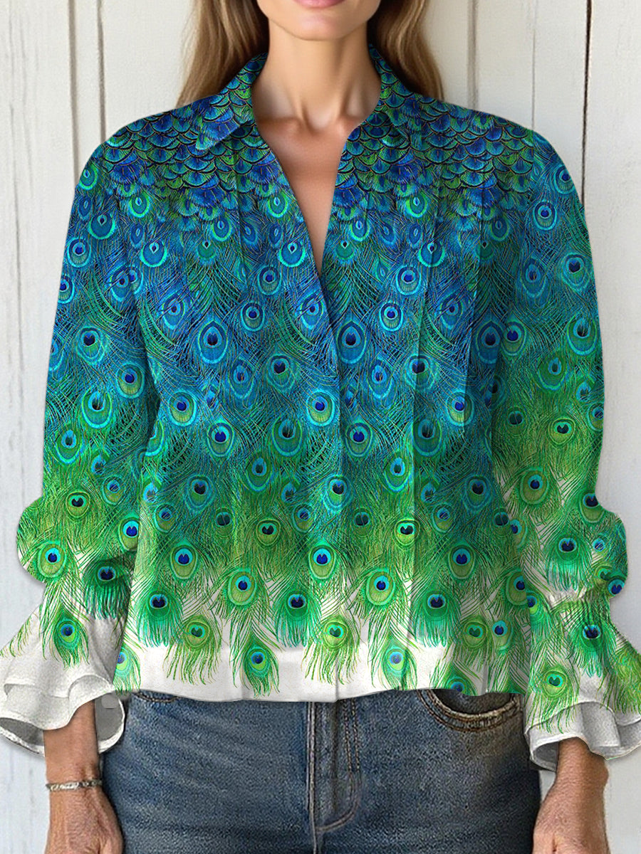 Women's  Vintage Gorgeous Peacock Feathers Art Print Casual  Cotton And Linen Shirt