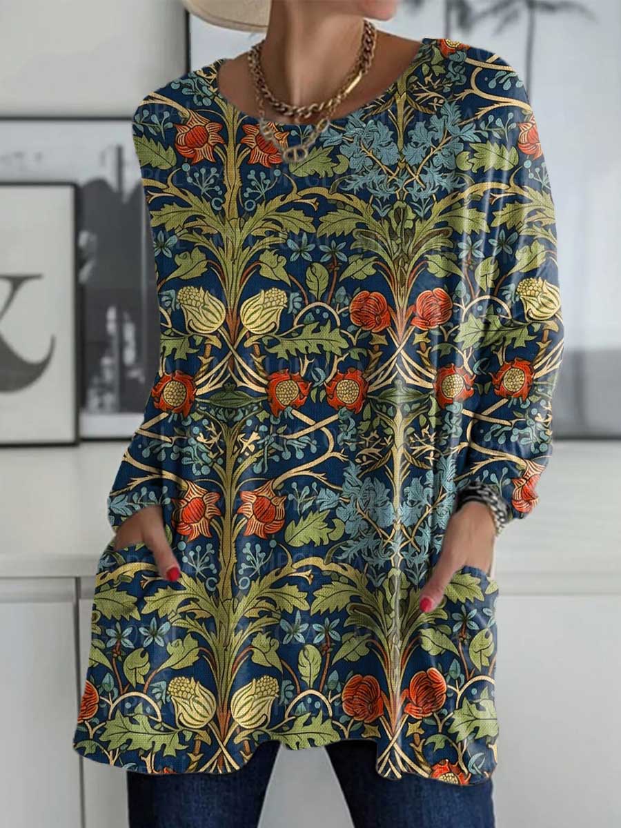 Women's Retro Floral Pattern Art Print Casual Long Sleeve T-shirt