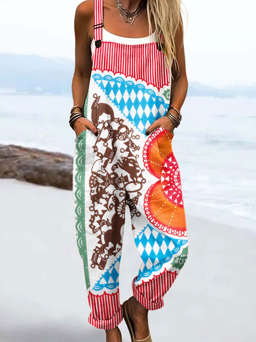 Women's Vintage Abstract Geometric Color Blocks Art Print Casual 100% Cotton Wide Leg Jumpsuit