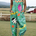 Women's Colorful Cute Insects Drawing Art Print Casual 100% Cotton Wide Leg Jumpsuit