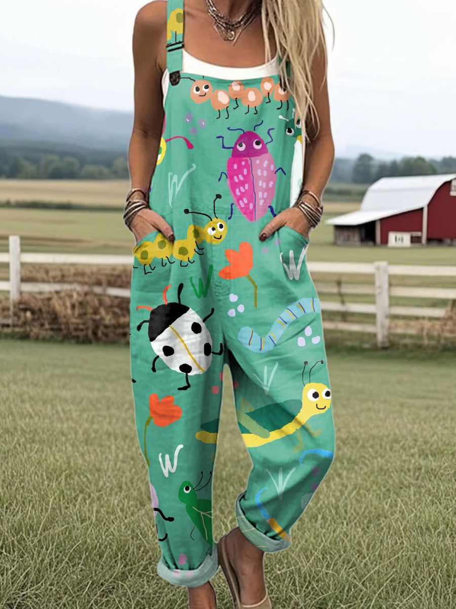 Women's Colorful Cute Insects Drawing Art Print Casual 100% Cotton Wide Leg Jumpsuit
