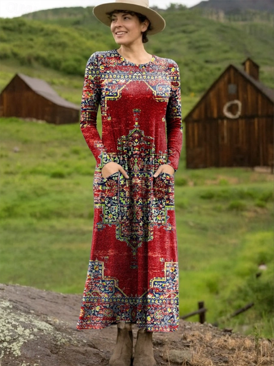 Autumn and Winter Retro Totem Print Stretch Dress
