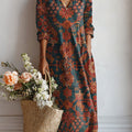 Women's Vintage Flower Art Print Linen Pocket Dress