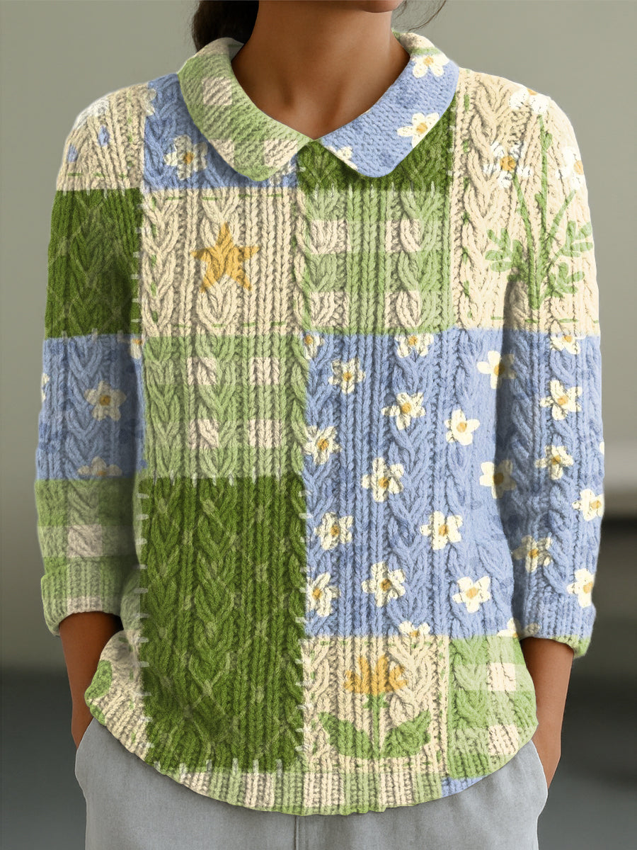 womens-beautiful-colorful-floral-plaid-art-print-casual-peter-pan-collar-3-4-sleeve-sweater