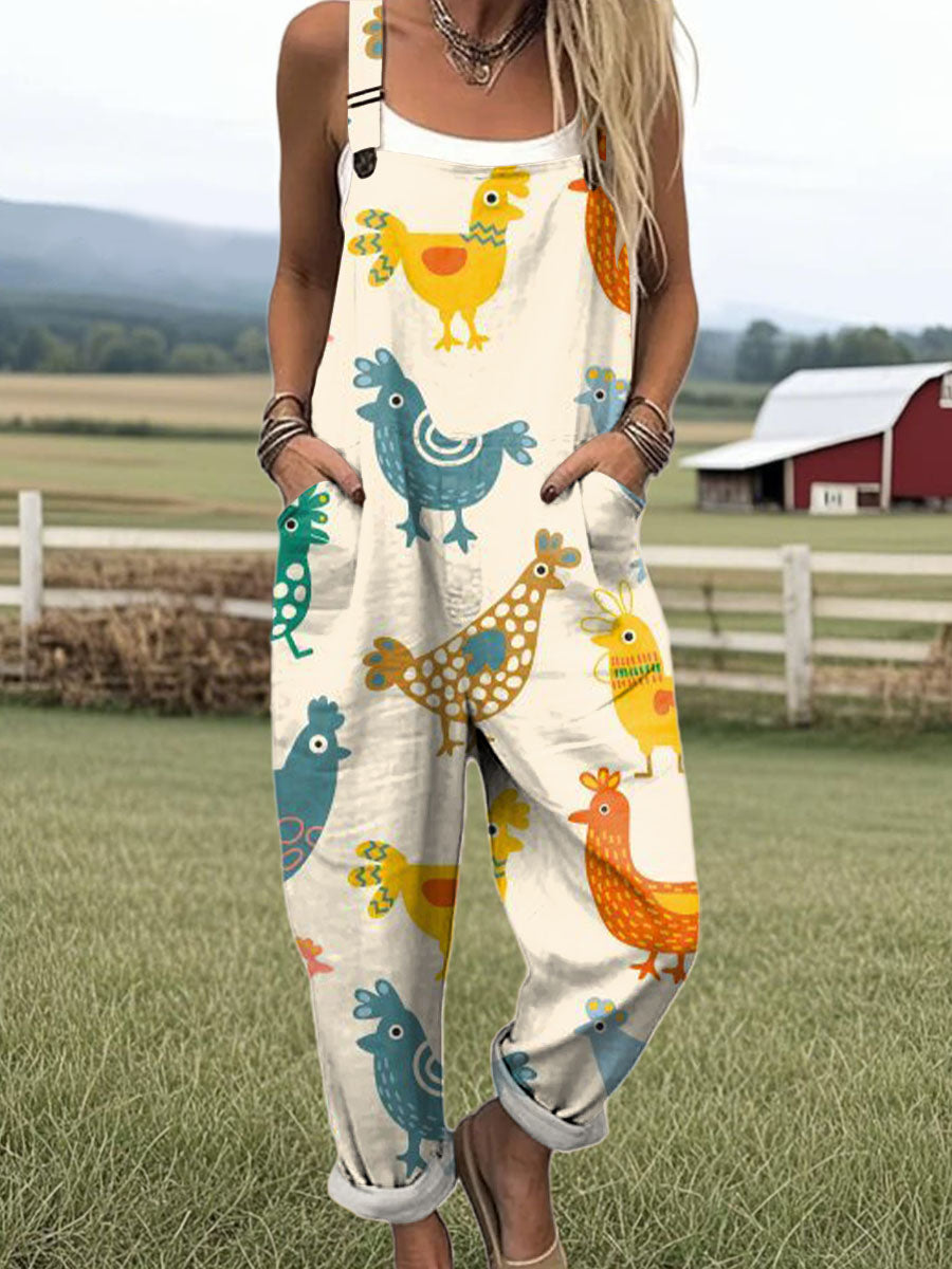 Women's Art Fun Chick Print Casual 100% Cotton Wide Leg Jumpsuit