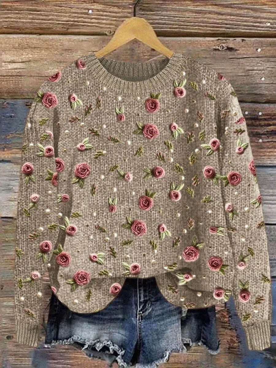 vintage-floral-art-print-knit-pullover-sweater