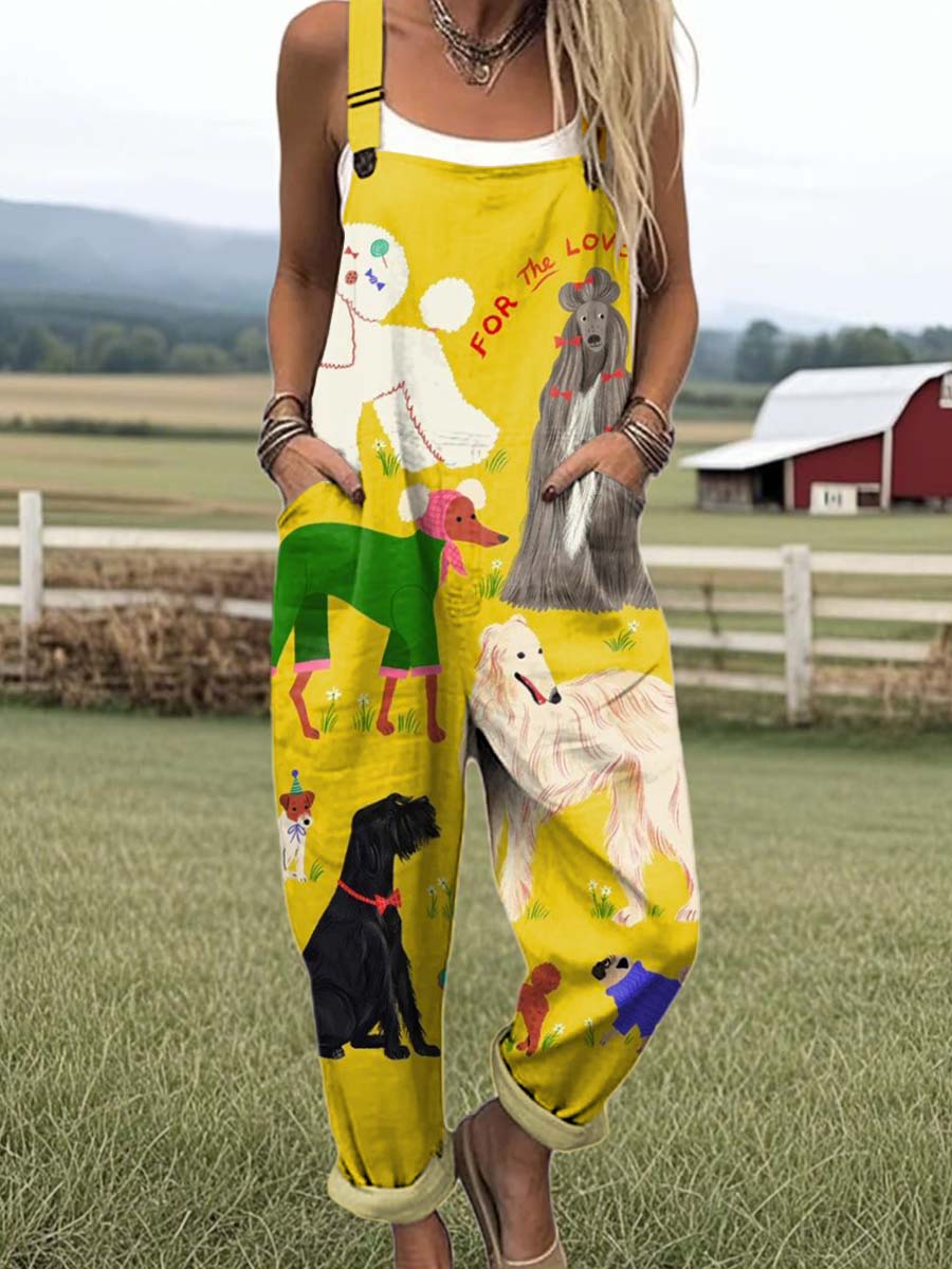 Women's Lovely Dogs Art Print Casual 100% Cotton Wide Leg Jumpsuit