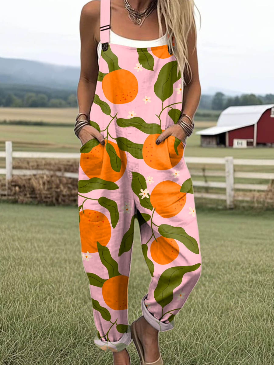 Women's Lovely Orange Art Print Casual 100% Cotton Wide Leg Jumpsuit