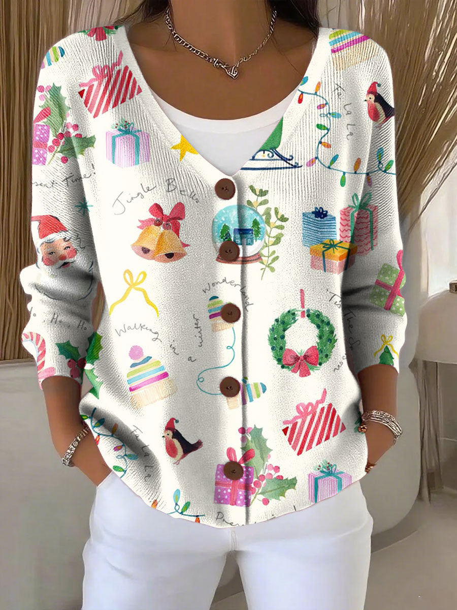 Christmas Pattern Art Print Buttoned V-neck Cardigan Sweater