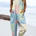 Women's Vintage Abstract Mosaic Flowers Art Print Casual 100% Cotton Wide Leg Jumpsuit